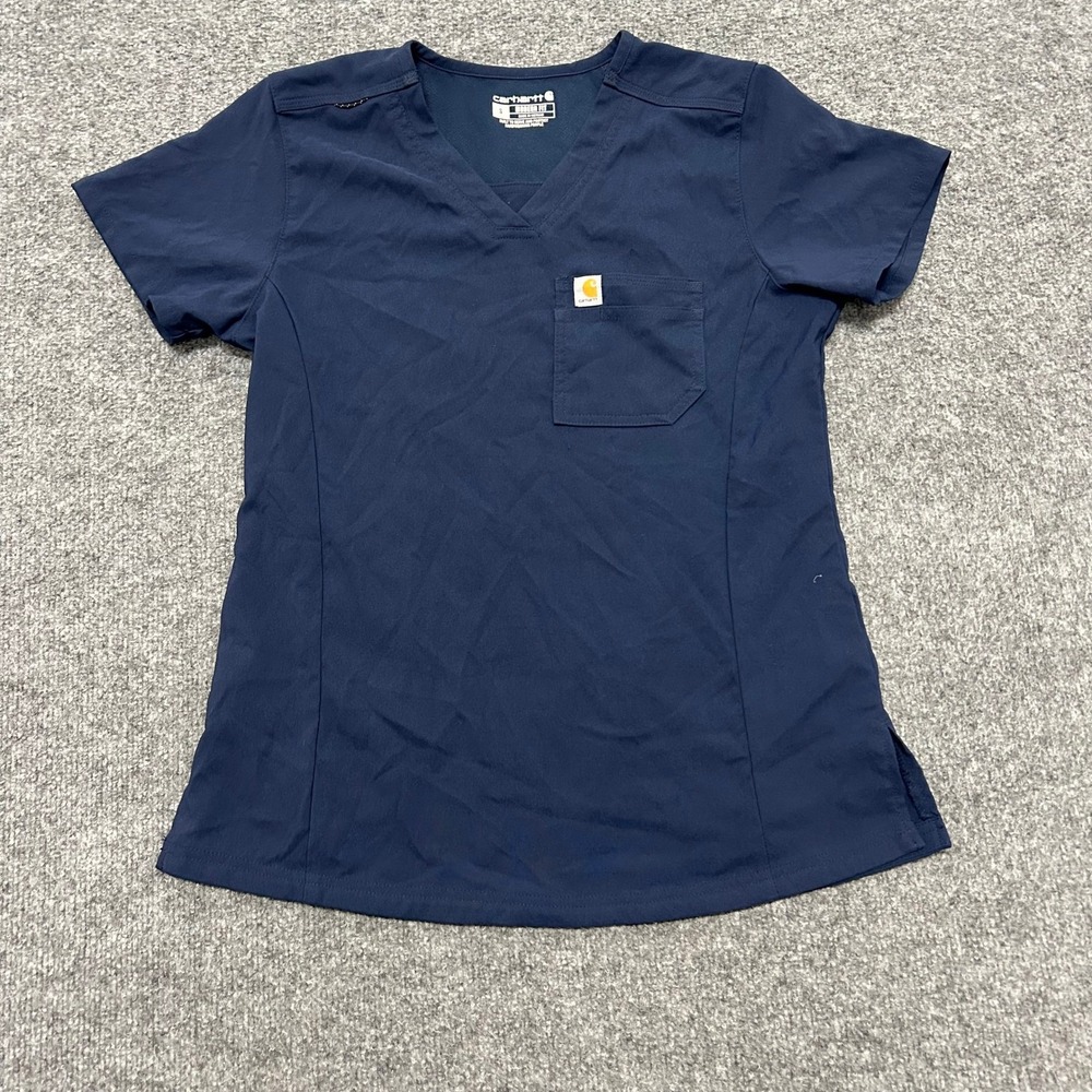 Carhartt Scrub Top Womens Size S Navy Blue Modern Fit V-Neck Stretch Pocket